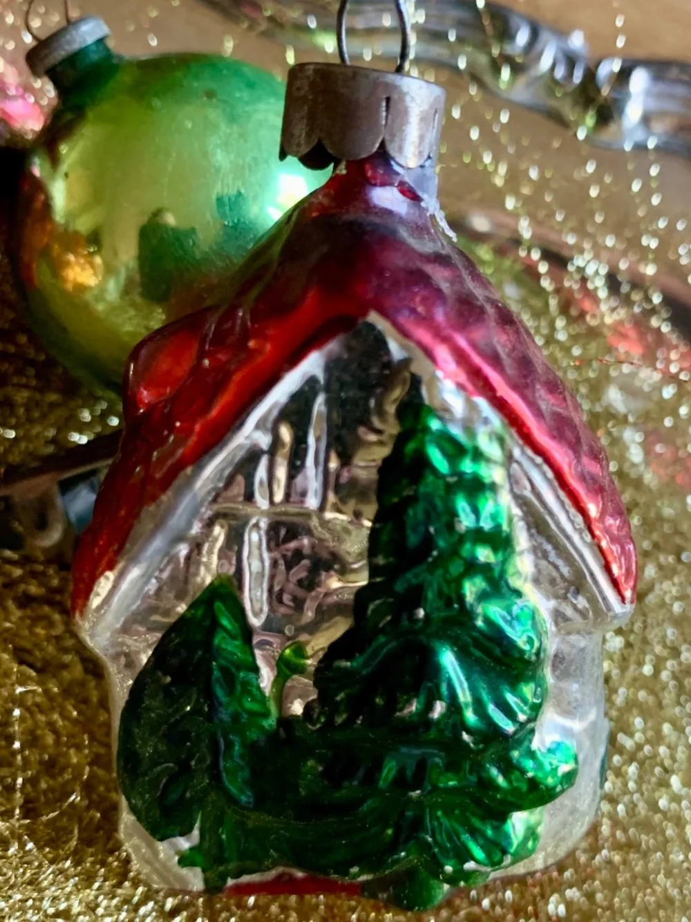 Vintage Glass House Ornament Red Roof Cottage | Mercury Glass Christmas Village